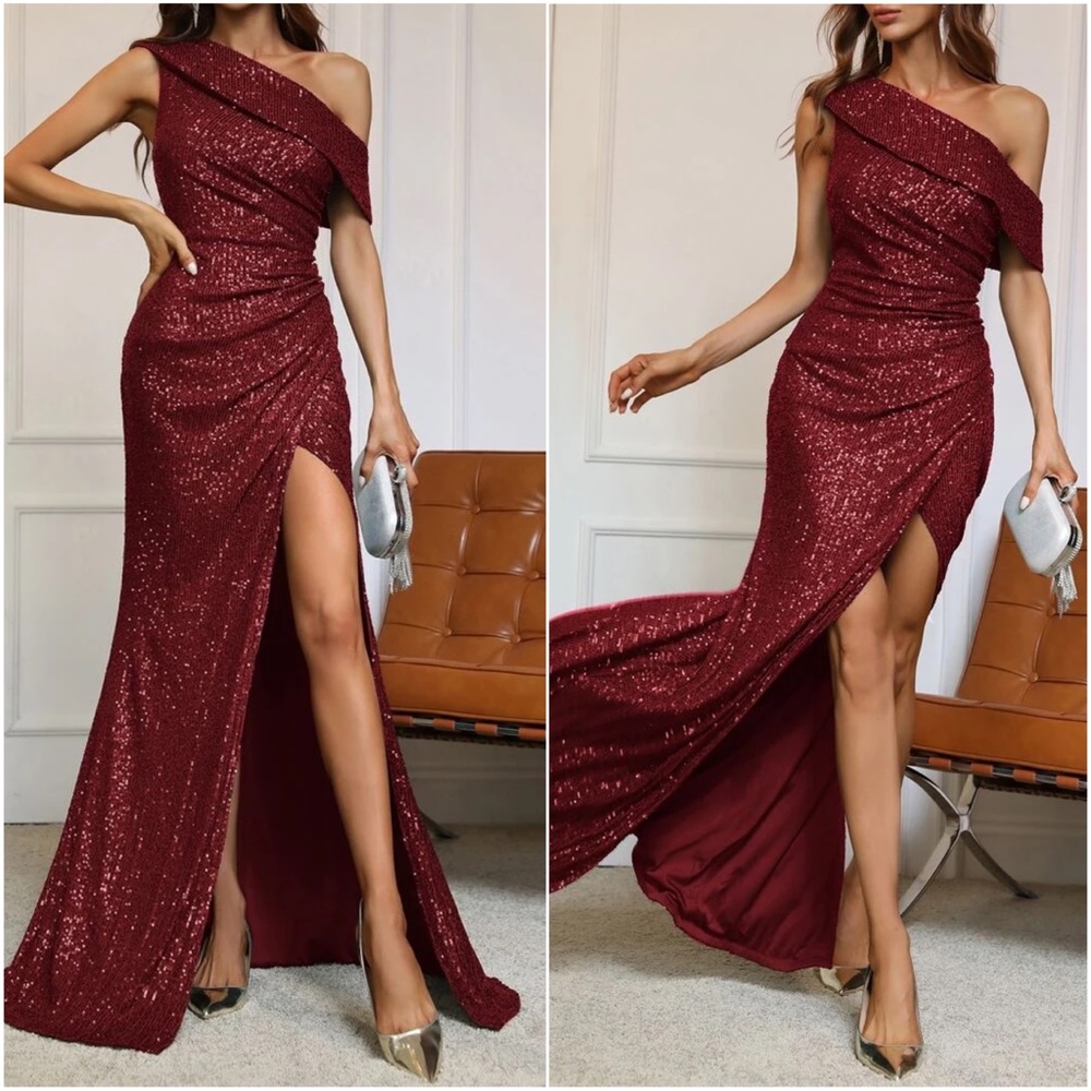 Luxe Sequin Split Thigh One Shoulder Party Wedding Formal Dress - Picture 4 of 10